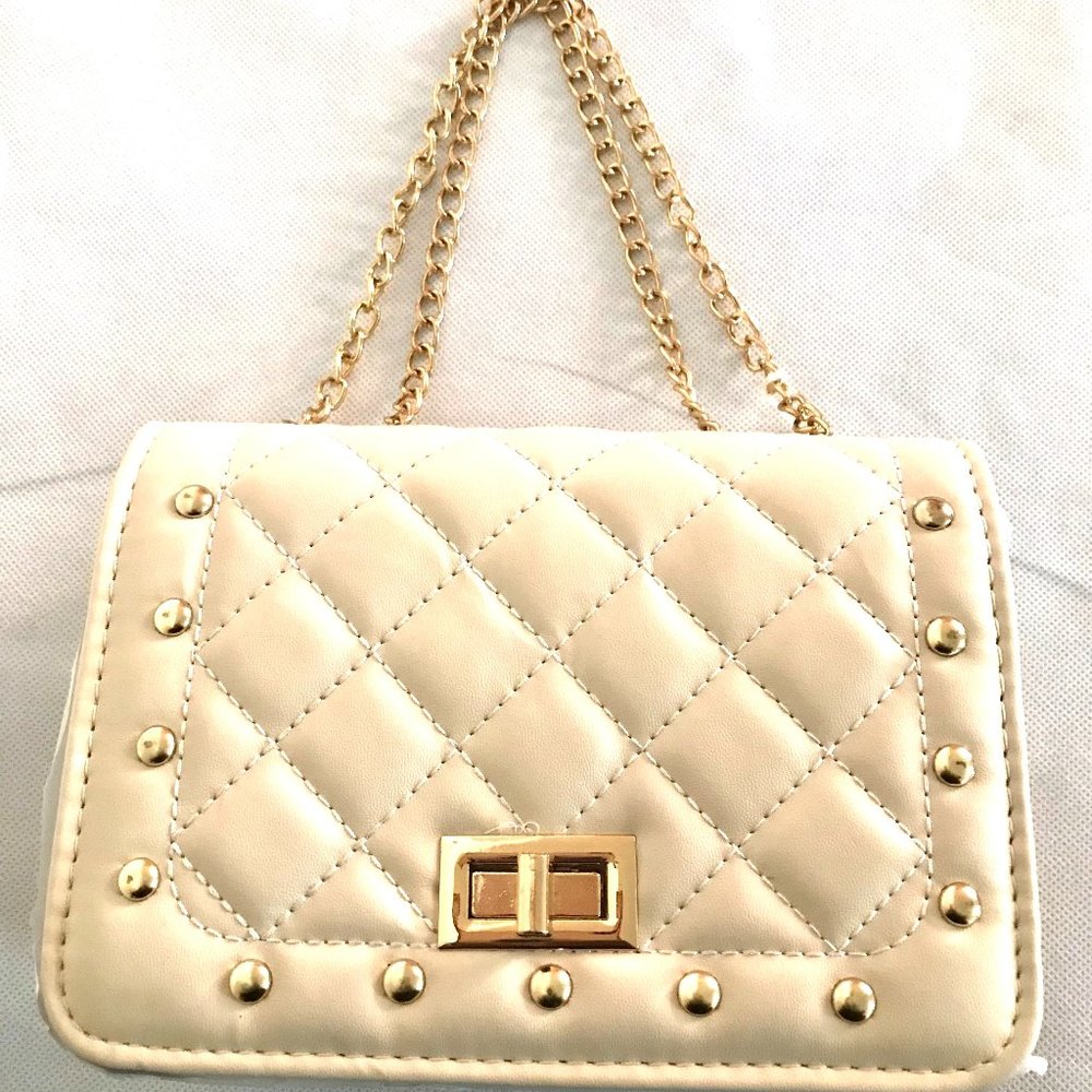 Ivory Quilted Diamond Pattern Crossbody Shoulder Bag Featuring Gold Stud Detail